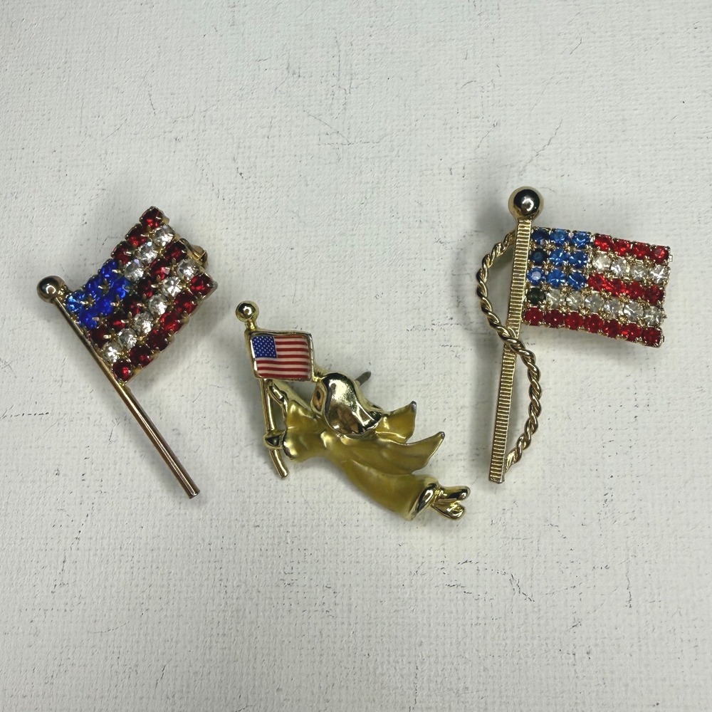Vintage American Flag Patriotic Lapel Pins and Brooch Lot of 3 Angel Rhinestones